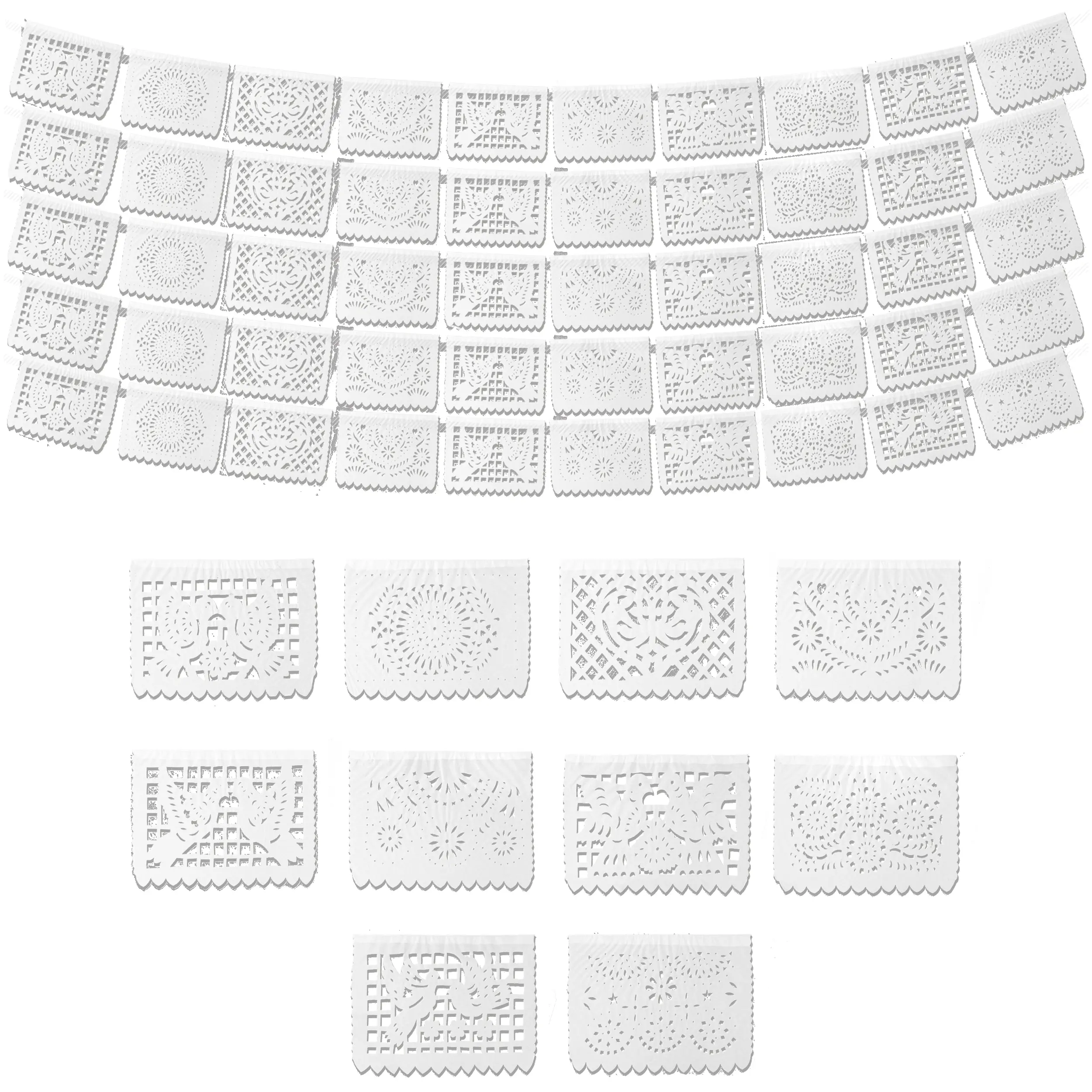 White Papel Picado Banner (5 Pack - 10 TISSUE PAPER Flag Designs per Banner/NOT PLASTIC) - White Mexican Banners for Parties and Weddings - Mexican Themed Party Decorations - Papel Picado Garland Set