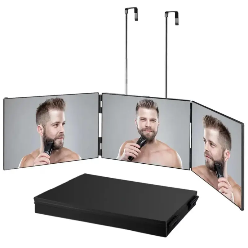 1-piece foldable makeup mirror, retractable and adjustable, hanging makeup mirror, foldable three-sided hairdressing mirror, unisex, Height Adjustable Tri Folding Mirror, Trifold Mirror, Three Way Mirror
