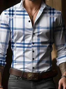 Classic Blue and White Checkered Shirt for Men Fitted Long Sleeve Square Neck Business & Casual Wear High-Quality Polyester Fabric Stylish Polo Top - Menswear Plaid Checked Overall