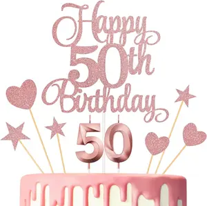 50th Birthday Cake Decorations Numeral Candles Glitter Happy 50th Birthday Cake Toppers Set for Birthday Party Supplies Rose Gold