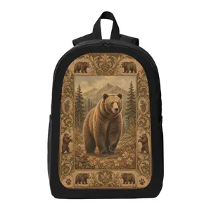 Bear Themed Collage Pattern Backpack Lightweight Casual Backpack with Zip Closure Adjustable Straps, Applicable to for Women and Men