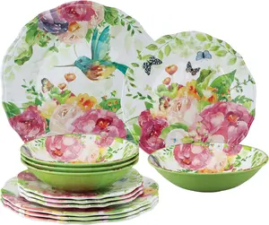 Rose Garden Melamine Dinnerware Set 12-Piece Yellow Plates & Bowls for 4 Stackable Durable BPA-Free Outdoor & Indoor Use