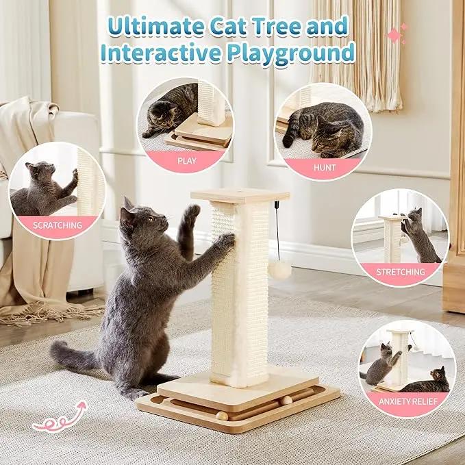 Wooden Cat Scratching Post with Track Ball Toy, Durable Natural Sisal Cat Scratcher with Hanging Pom-Pom, Interactive Cat Activity Center for Indoor Cats Wooden Cat Scratching Post with Track Ball Toy, Durable Natural Sisal Cat Scratcher with Hanging Pom-Pom, Interactive Cat Activity Center for Indoor Cats