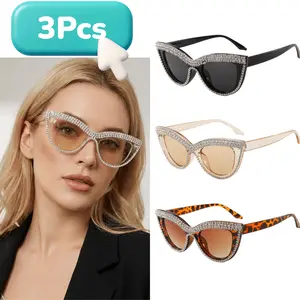 3pcs Fashionable Cat Eye Glasses for Women Adorned with Rhinestones, Featuring a Sparkling Composite Frame. Ideal for Proms, Costume Parties, And Special Events. These Cat Eye Additions Are Durable And Perfect for Adding a Touch of Glam