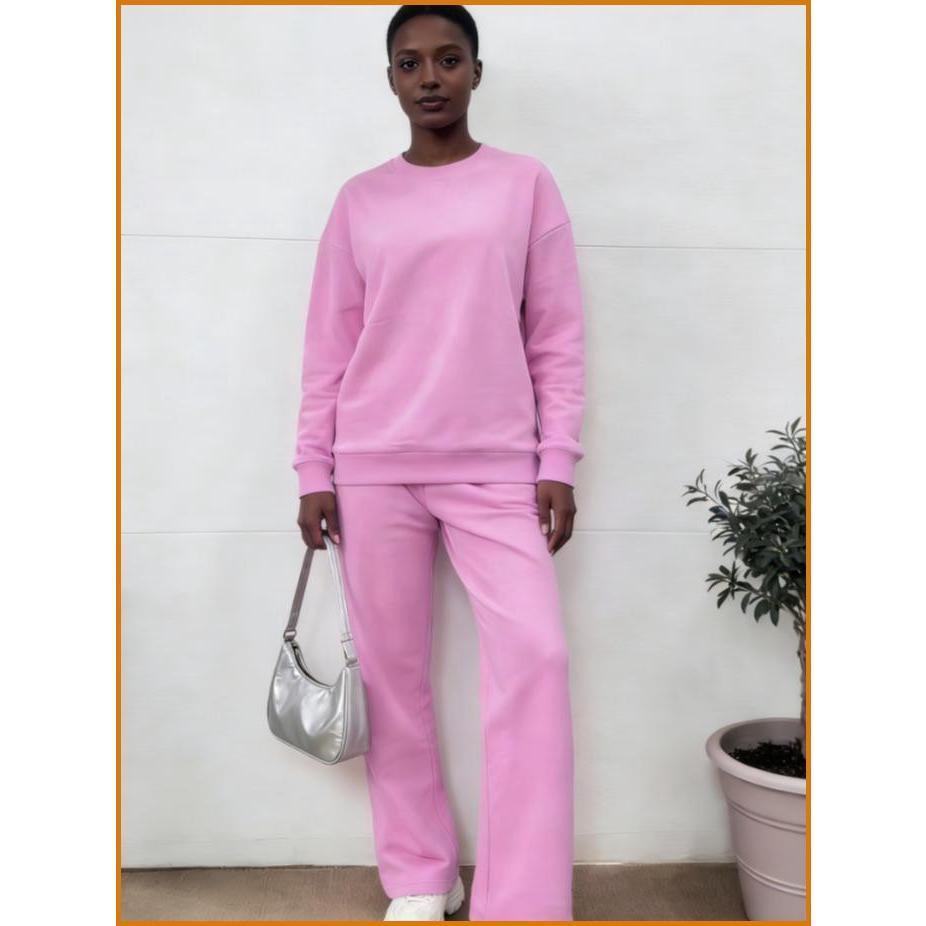 Women's Pink Cotton Crewneck Sweatshirt Set – Casual Pullover Hoodie & Jogger Pants 2 Piece Loungewear Set