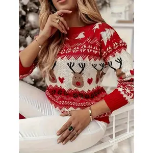 Women’s Christmas deer pattern sweater, cute long-sleeve crewneck top, fitted women’s clothing for fall and winter, knitted top, graphic crewneck sweater