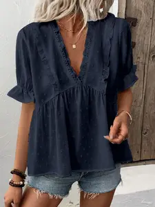 Women's Puff Sleeve Ruffle Trim Blouse, Casual V Neck Top for Summer, Women's Clothing for Daily Wear, Womenswear