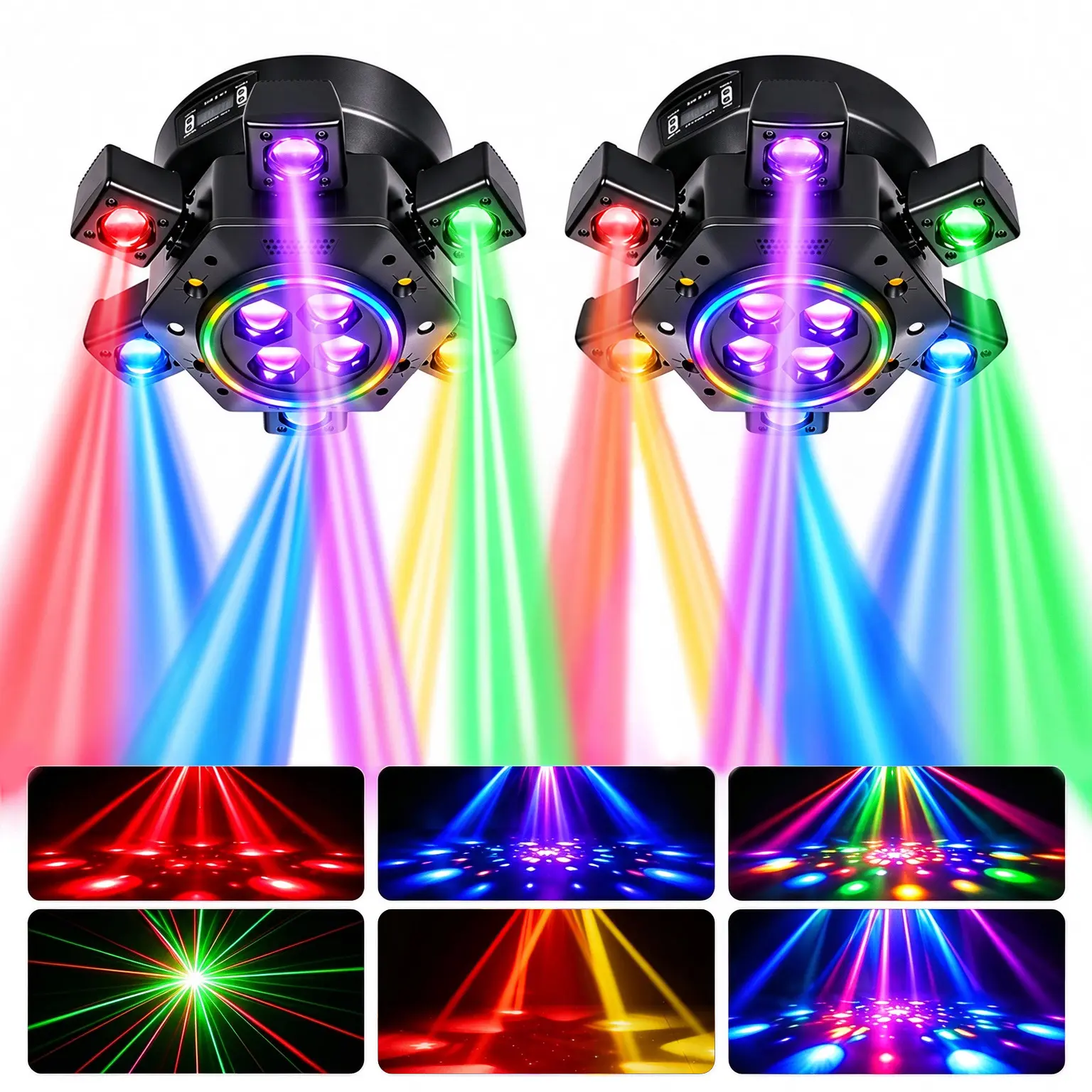 MDT 6-Arm 150W RGBW Moving Head DJ Light - 150w Power, DMX-512, Sound Activation, Strobes, Both Indoor/Outdoor Festive Decor for Halloween, Weddings