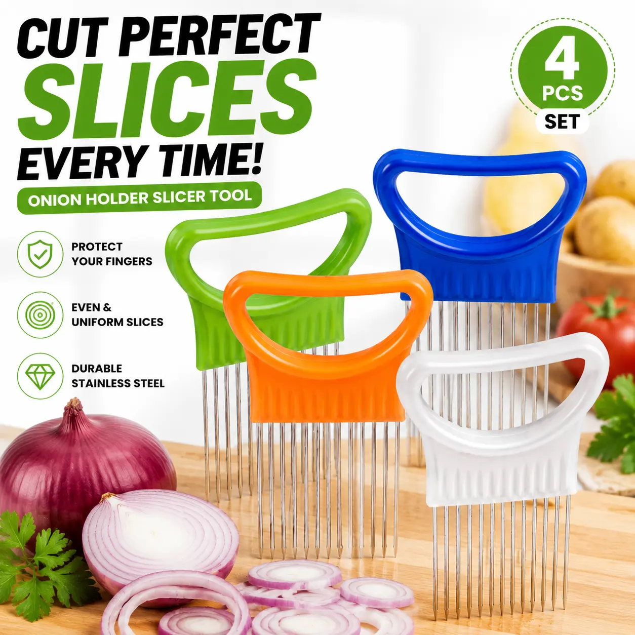 4PCS Stainless Steel Onion Slicer Utensils with Safety Guard - Kitchen Gadget for Even Slicing of Vegetables, Fruits (Tomato, Garlic Compatible)
