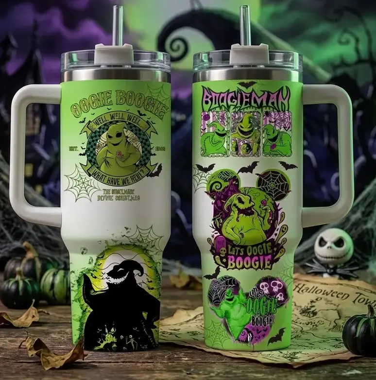 [Gift Box & Straw] Oogie Boogie Halloween Stainless Steel Vacuum Insulated Flasks - 20oz Skinny & 40oz Handle Tumblers, Green Boogieman Coffee Cup, Hot & Cold Travel Mug, Spooky Halloween Fan Gift