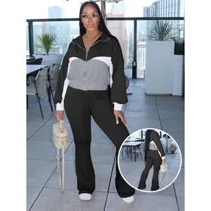 Fashionable contrasting zipper front top and casual pants - Fashionable casual wear, comfortable autumn matching set 2-piece women's clothingRAIMENTRY
