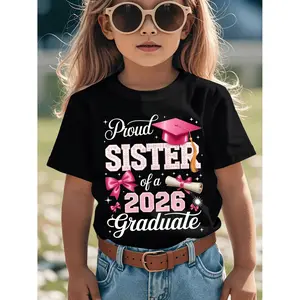 Senior 2026 Proud Sister Celebrating Family Graduation Cotton T-shirt for Girls with Aesthetic Graphic Design Stylish Streetwear Top