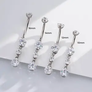 OUFER 14G Titanium Internally Threaded Dangle Belly Button Ring with Three Sparkling CZ Stones 10mm 12mm 14mm 16mm