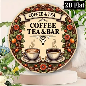 2D Flat Coffee Metal Sign, 1pc – Vintage Coffee Tea Bar Aluminum Wall Decor with Floral Pattern, Coffee Cup Design, No Wiring Required, for Home, Kitchen, Coffee Shop & Office