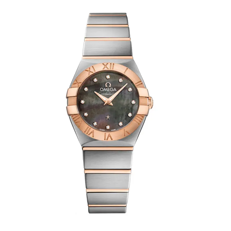 Omega Constellation 24mm 123.20.24.60.57.005 Quartz Two-Tone 18K Red Gold and Stainless Steel Tahiti Black Mother-of-Pearl Diamond Dial Ladies Watch WHT032107