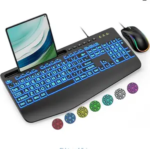 Wired Keyboard Mouse Combo - Large Print Backlit, Ergonomic Wrist Rest, 6 DPI RGB for PC/Windows - Ideal for Seniors, Students, Office and Home SABLUTE
