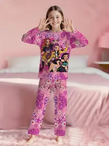 Floral Vitality Girl Group 2-piece set: girls' digital printed long-sleeved pajamas with long pants, made of flame-retardant fabric. A fashionable, trendy, casual, comfortable and soft pajama set, suitable for sleeping and home leisure. 100% polyester, su