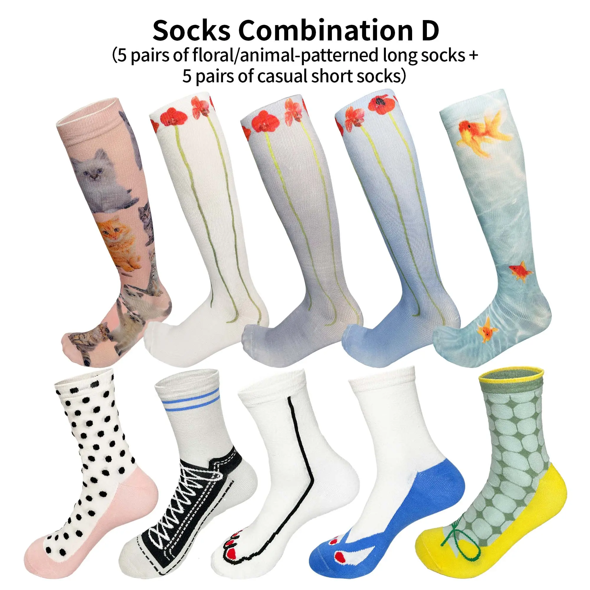 Trendy Designer Socks Set D 10 Pairs with Y2K Elements Mix-and-Match for Casual Wear Comfortable & Stylish