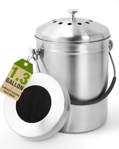 Countertop Compost Bin Kitchen with Lid and 2 Charcoal Filter for Odorless Composting | Stainless Steel Kitchen Composter with Soft-Grip Handle (Silver, 1.3 Gallon)