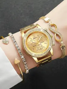 4-Piece Women's Watch Set: Three-Subdial Quartz Diamond-Embedded Gift Watch