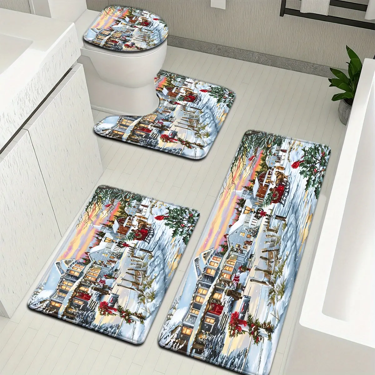 3pcs/4pcs Christmas Series Sleigh and House Pattern Bathroom Mat Set, Toilet Lid Cover & Rug, U-Shaped Bath Decor