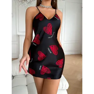 Valentine's Day Red Lip Print Satin Slip Nightdress V Neck Backless Mini Sleep Dress Women's Sleepwear Dresses