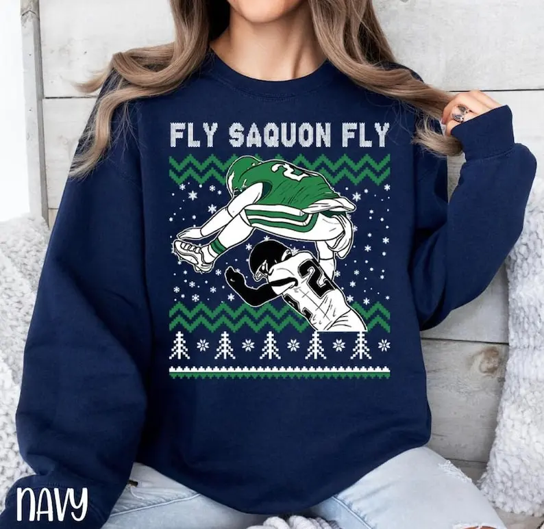 Saquon Barkley Jump Hurdle Backwards Ugly Christmas Crewneck Sweatshirt, Merry Christmas Philly Football Unisex Hoodie, Fly Saquon Fly Shirt