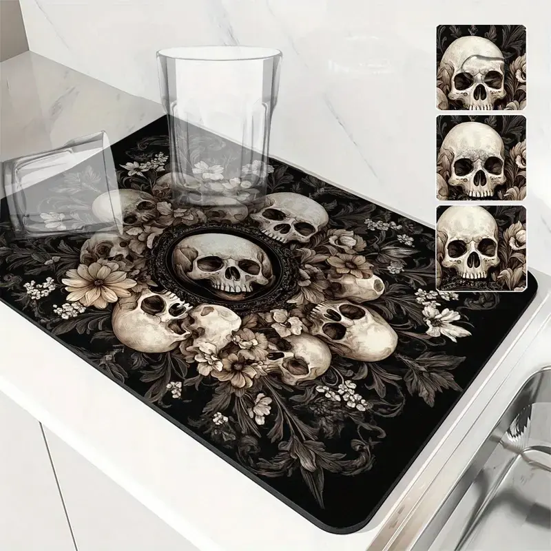 1pcs Plant Flower Skull Leaf Absorbent Pad, Kitchen Drain Mat, Tea Coffee Mat, Utensil Drying Mat, Table Insulation Mat, Halloween Theme Pad, Kitchen Coasters, Coasters for Drinks, Place Mat