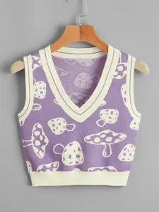 Women's All Over Mushroom Print V Neck Sweater Vest, Casual Colorblock Sleeveless Tank Top for Summer, Ladies Clothes for Daily Wear