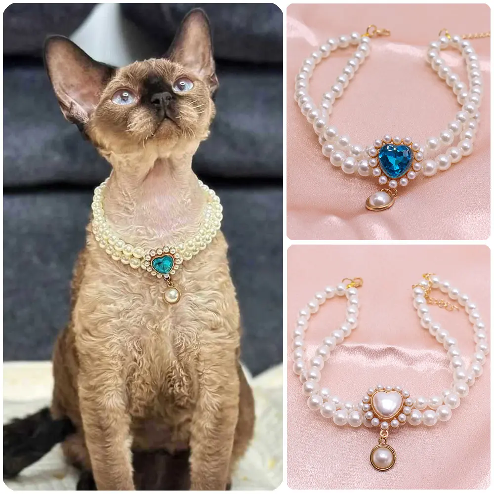 Pet Double-Layer Pearl Necklace, Cat and Dog Pearl Collar, Gemstone Pendant Princess Cat Collar Necklace