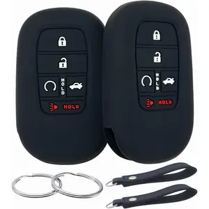 Silicone Rubber Key Fob Cover Compatible with (5 Buttons) 2022-2026 Honda Accord Civic HR-V CR-V Pilot Sport SI EX EX-L Touring (Black Black)
