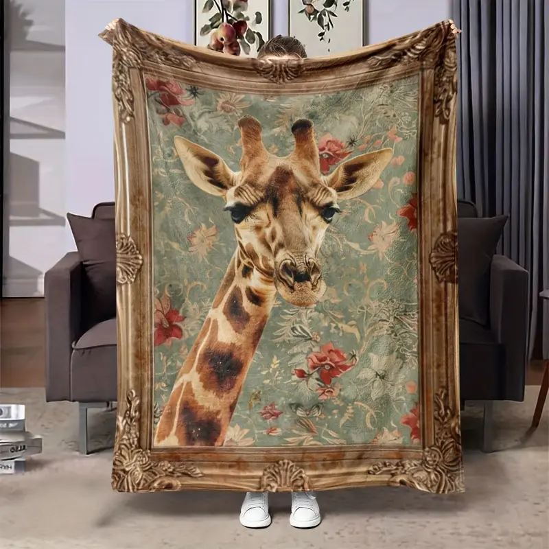 Vintage Giraffe Printed Fleece Blanket - Soft, Warm, All Seasons Home Decor Gift for Bed, Sofa