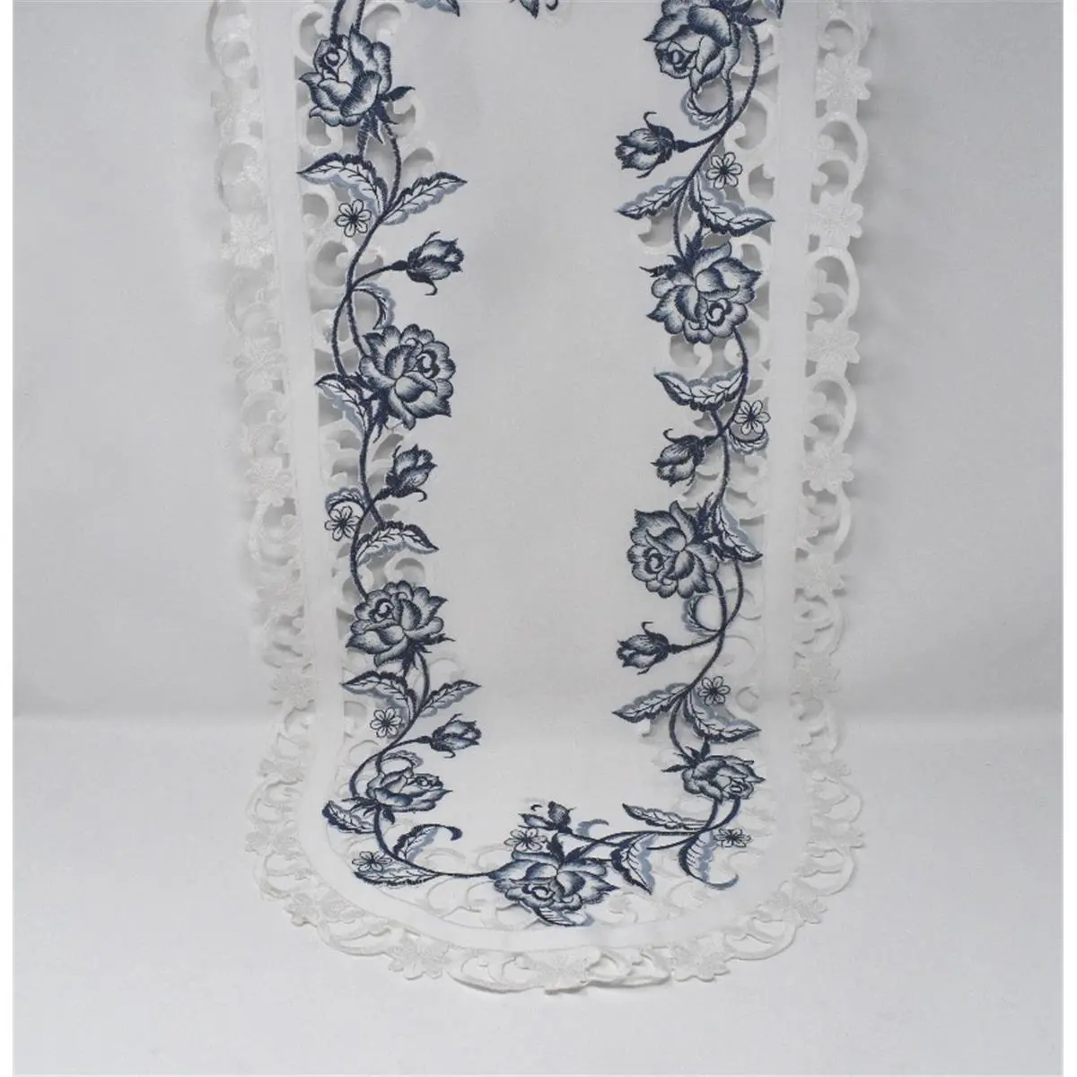 16 x 54 in. Blue Rose on White Fabric Table Runner