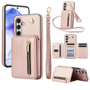 PU Leather Zipper Phone Case with Lanyard (1 Count), Wallet Crossbody Phone Case with Card Slot, Phone Accessories for Samsung Galaxy A55 A54 A53 A52 A51 A14 A13 Cover, Smartphone