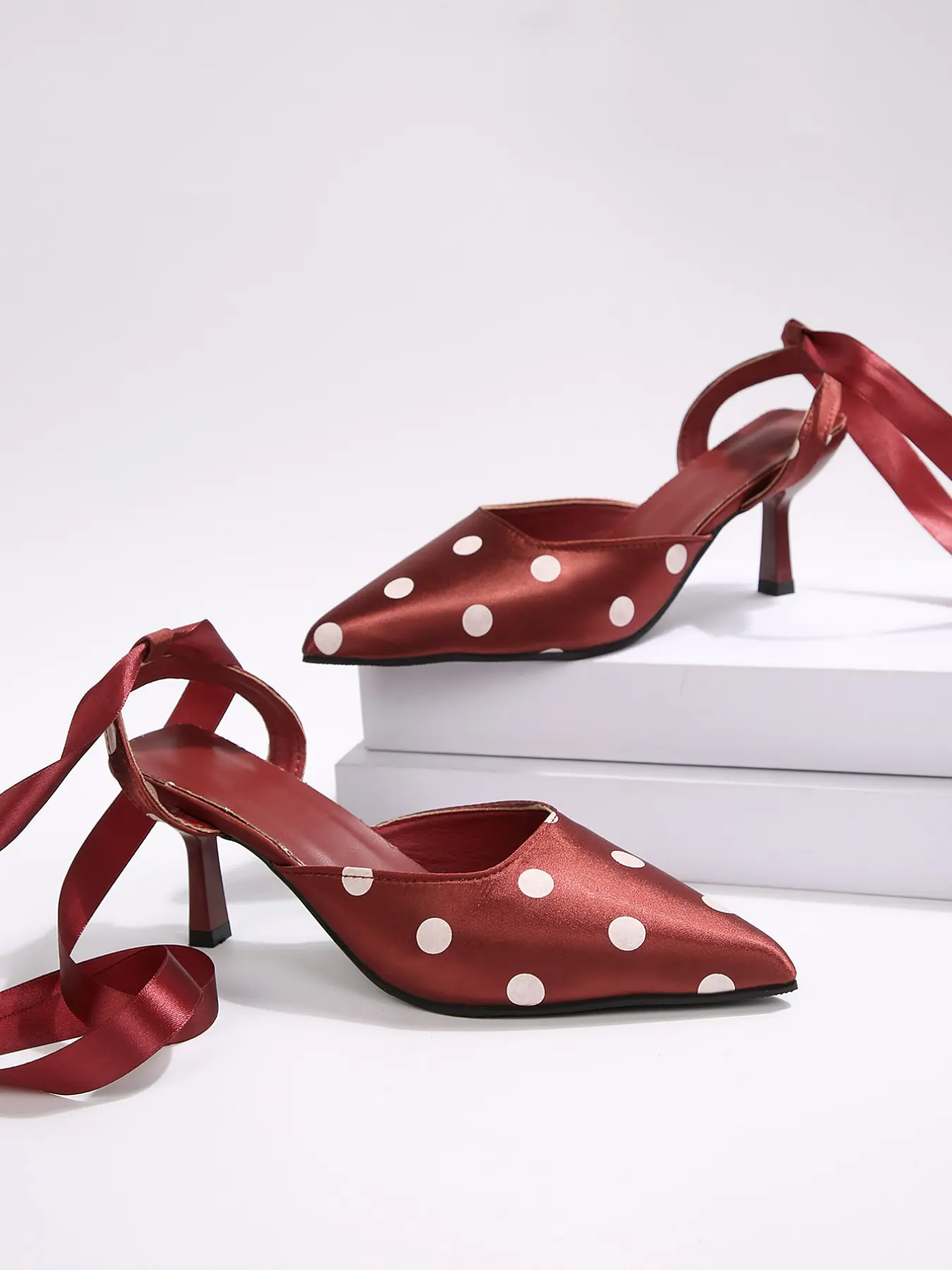 Women's Burgundy Polka Dot Satin Lace-Up Pointed Toe Stiletto Heel Slingback Pumps, Open Back Mid Heel Shoes, Elegant Footwear for Wedding, Date Night, Retro Parties