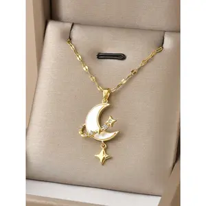 Stainless Steel Moon Necklace for Women - Rhinestone Pendant Jewelry, Luxury Celestial Gift, Hypoallergenic