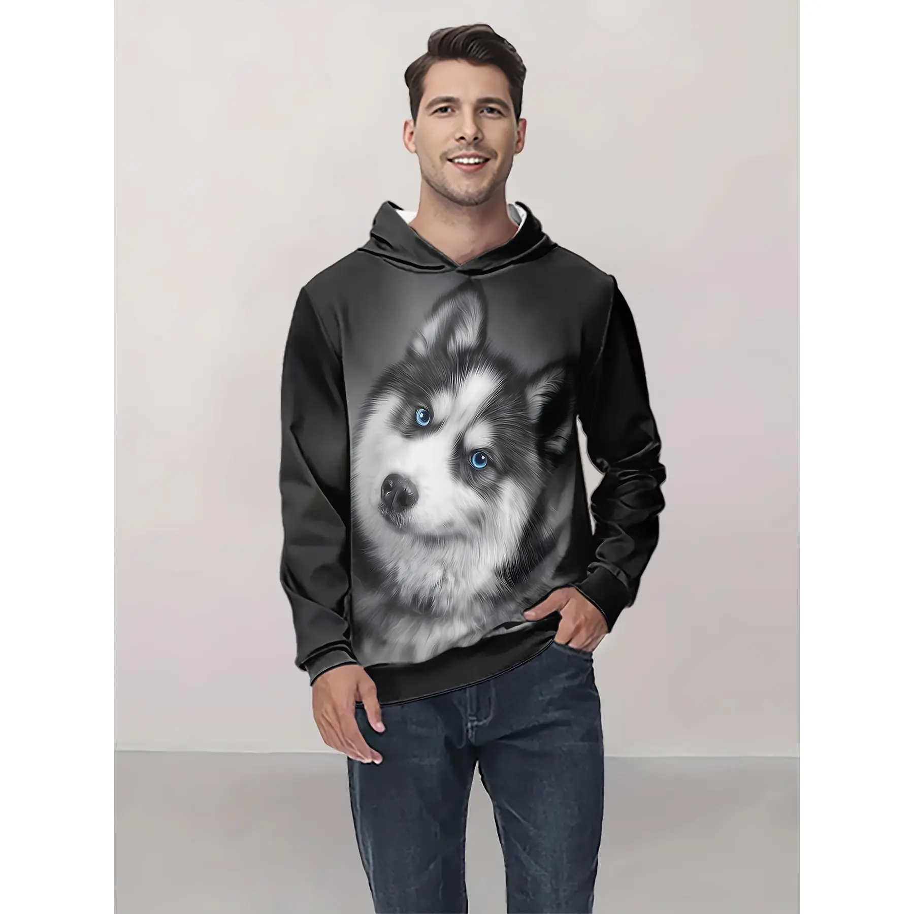 Men's Long-Sleeve 3D Husky Face Hoodie/Jumper - Polyester, Machine Washable, Animal Print, Ideal for Spring & Fall Outdoor Activities, XXL Menswear Top
