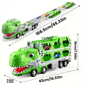 Dinosaur Truck Transformer Launch Truck Track Folding Transformer Trailer Large Truck Toy Birthday Gift for Boys 66.3 Inches 168.5cm Double Track, 2 Metal Cars, Blue, Red, Over