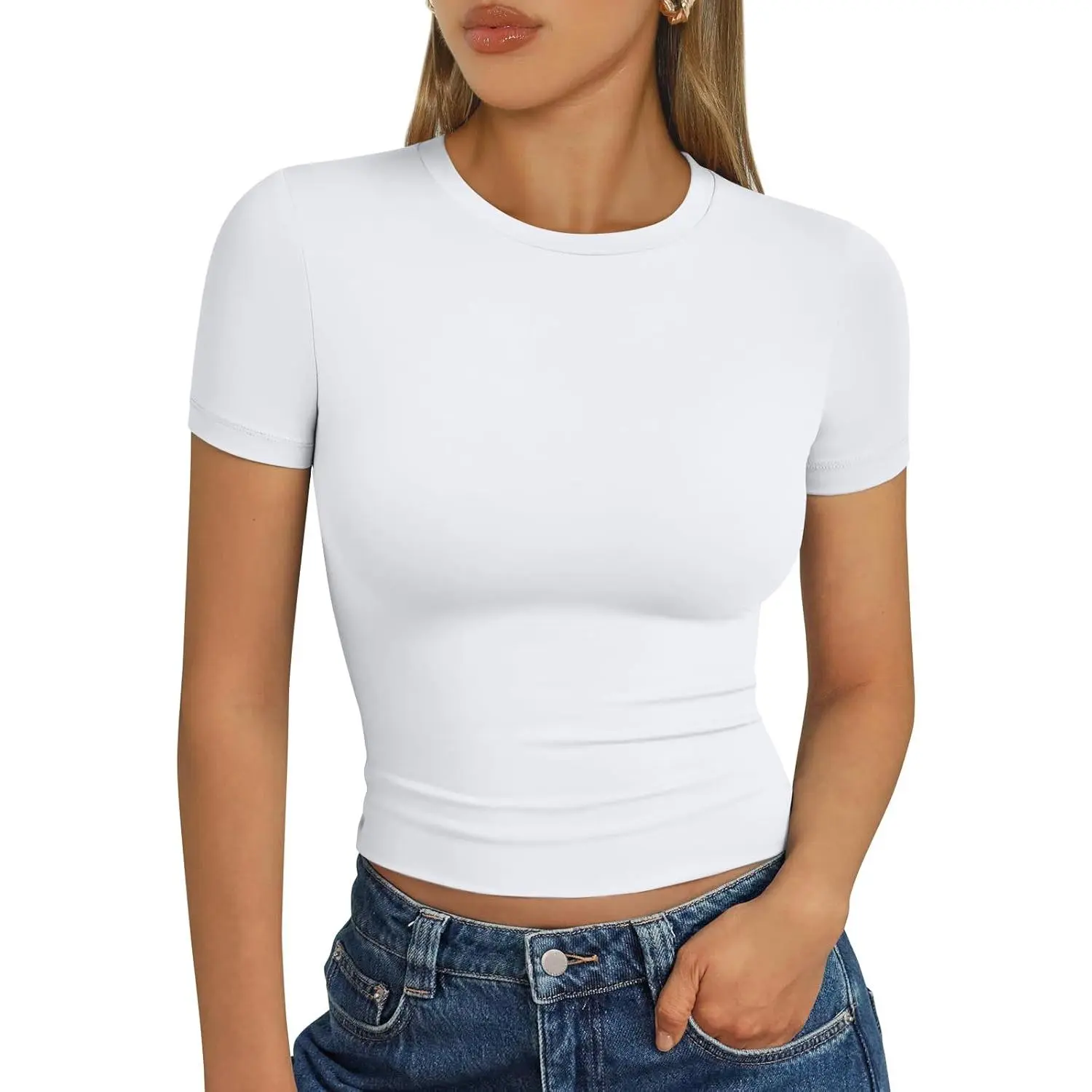 Womens Short Sleeve T Shirts - Buttery Soft Summer Crop Tops Slim Fit Y2k Basic Tees for Workout