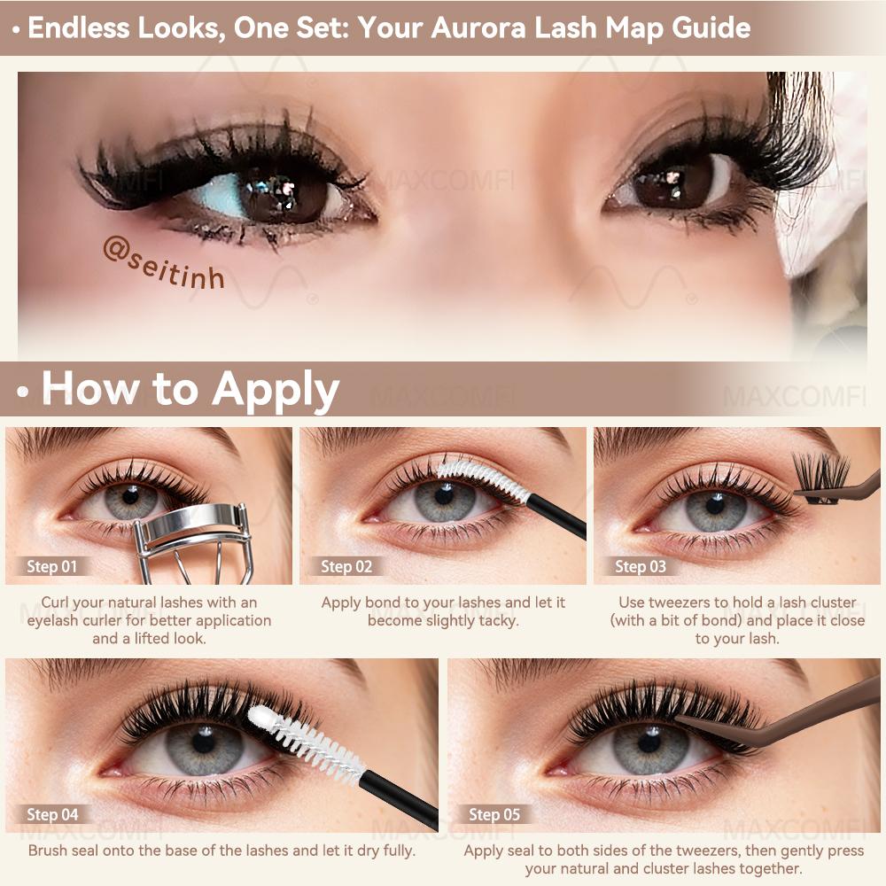 Aurora | MaxComfi My Go-To Comfortable Lashes Long-Lasting, Waterproof & Super Soft & Thin Band Too |  Flaunt Flora styleWaterproof Long-Lasting Natural Daily Volume Style Beginner-Friendly DIY Lashes for Flawless Voluminous Look Trendy Must-Have Clusters
