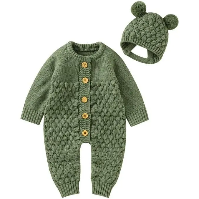 Baby Cotton Knit Long-Sleeve Sweater Romper & Warm Hat Set, Daily Wear Newborn Infant Outfit for Toddlers, Fast Shipping