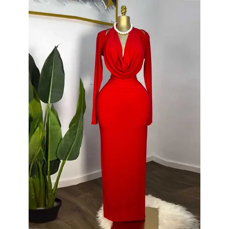 summer spring clothes Long Sleeve Birthday Dress for Women Red Evening Dress Draped Pile Collar Dinner Dress for Slim Ladies Wholesale Dropshipping Formal Womenswear Check Light Workwear Gamis Basic Minimalist