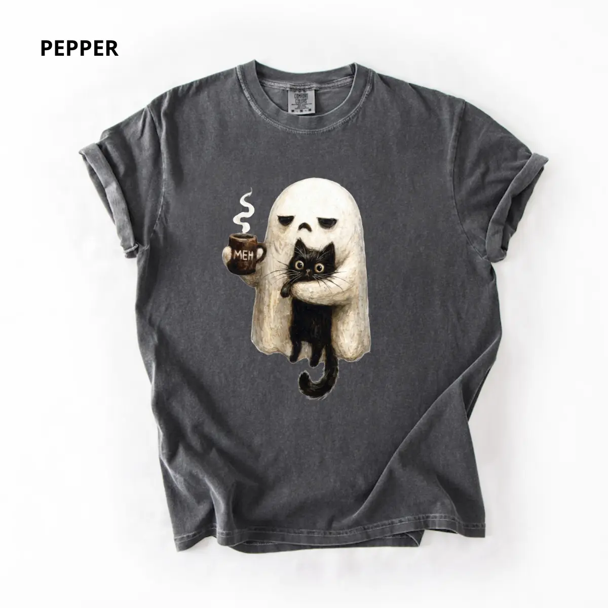 Comfort Colors Ghost Cat Halloween Shirt, Black Cat Graphic Tee, Cute Spooky Season T-Shirt, Vintage Halloween Cat Lover Gift