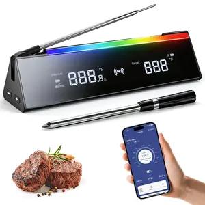 2 in 1 Meat Thermometer with 1 Wired Probe, RGB Cooking Progress Light, LCD Base, APP, IPX8 Waterproof, Food Thermometer for Grill, Smoker, Oven, Sous-Vide & Rotisserie