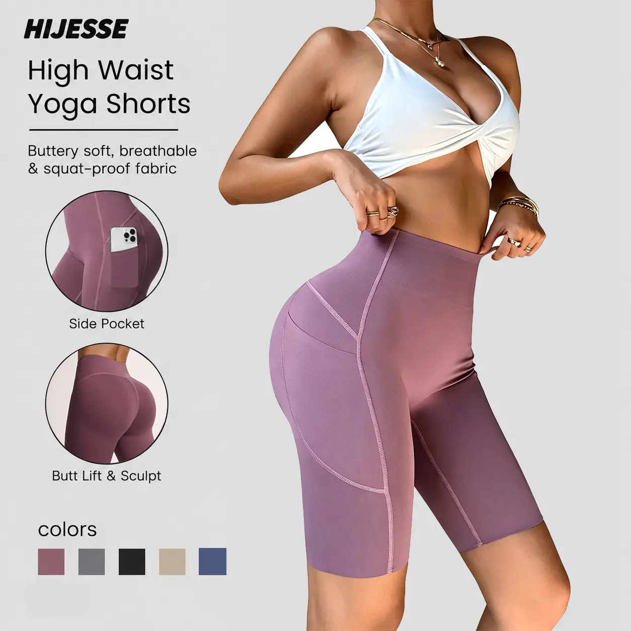 HIJESSE High Waist Yoga Shorts With Side Pockets | Butt Lift Tummy Control Workout Shorts For Cycling, Gym & Summer