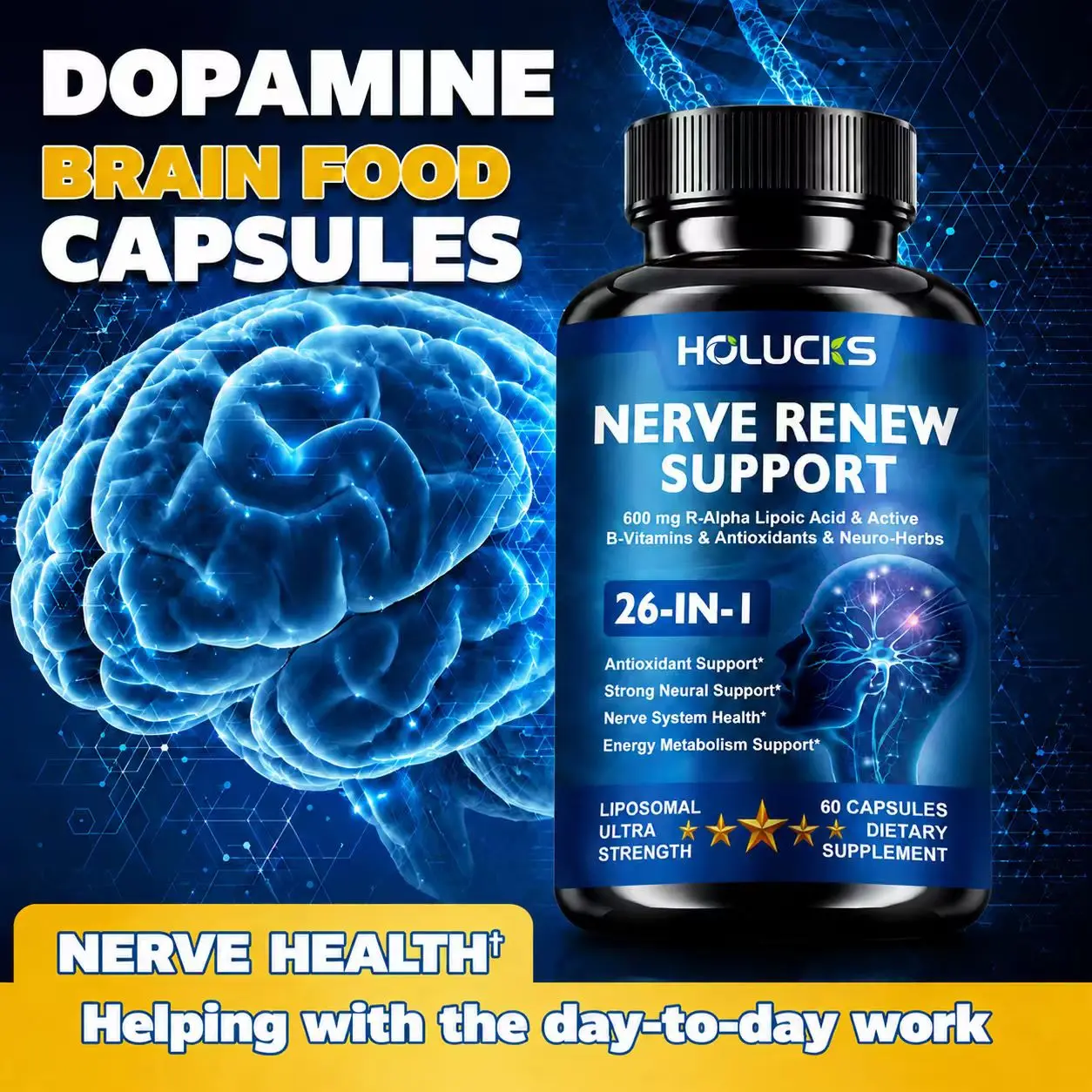 Nerve Renew Supplement with R-Alpha Lipoic Acid, B Vitamins, NAC & CoQ10, Supports Brain Health, Memory, Focus, Cognitive Function, Nervous System Health & Energy Metabolism for Busy Adults