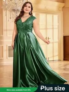 【Plus Size】 Glitter Sequins Floral Lace Formal Evening Dress, Elegant Chic V Neck Sleeveless Evening Party Gown, Lady Women's Clothes for Summer, Womenswear