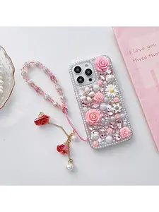 for Samsung A57 A56 A55 A54 A53 A52 A52S A42 A37 A36 A22 A17 A16 A15 A14 5G Bling Case,Luxury Crystal Rhinestone Flowers Glitter Diamond Pearl Women Girls Case Cover with Pink Lanyard