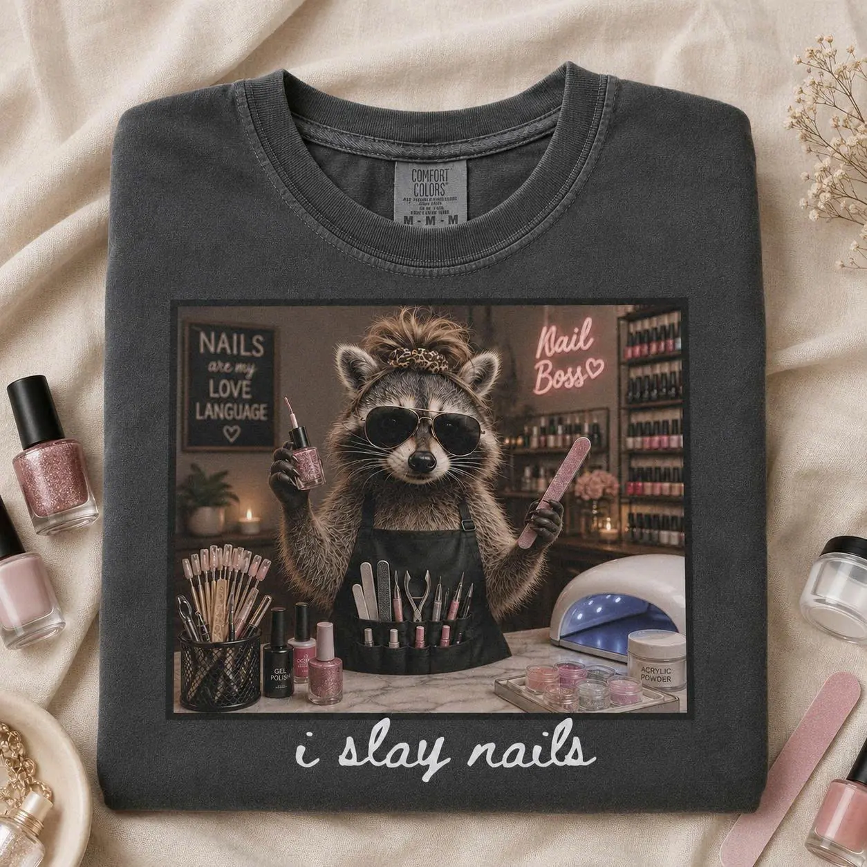 Funny Nail Tech Comfort Colors Shirt, I Slay Nails Tee, Nail Technician Gift, Raccoon Nail Artist Shirt, Nail Salon Apparel