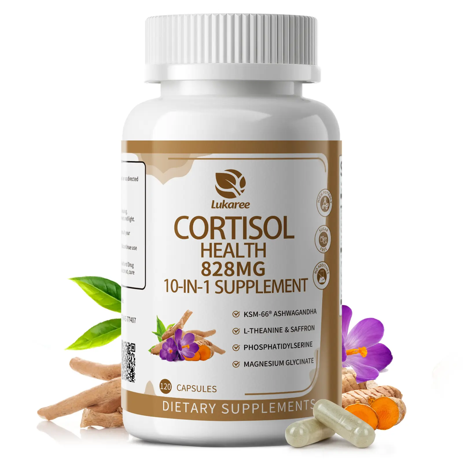 10-in-1 Cortisol Supplements with Magnesium, Ashwagandha, Chamomile, L-Theanine, St. John's Wort, Rhodiola, Vitamin C & D3, for Women Men, 120 Vegan Capsules.